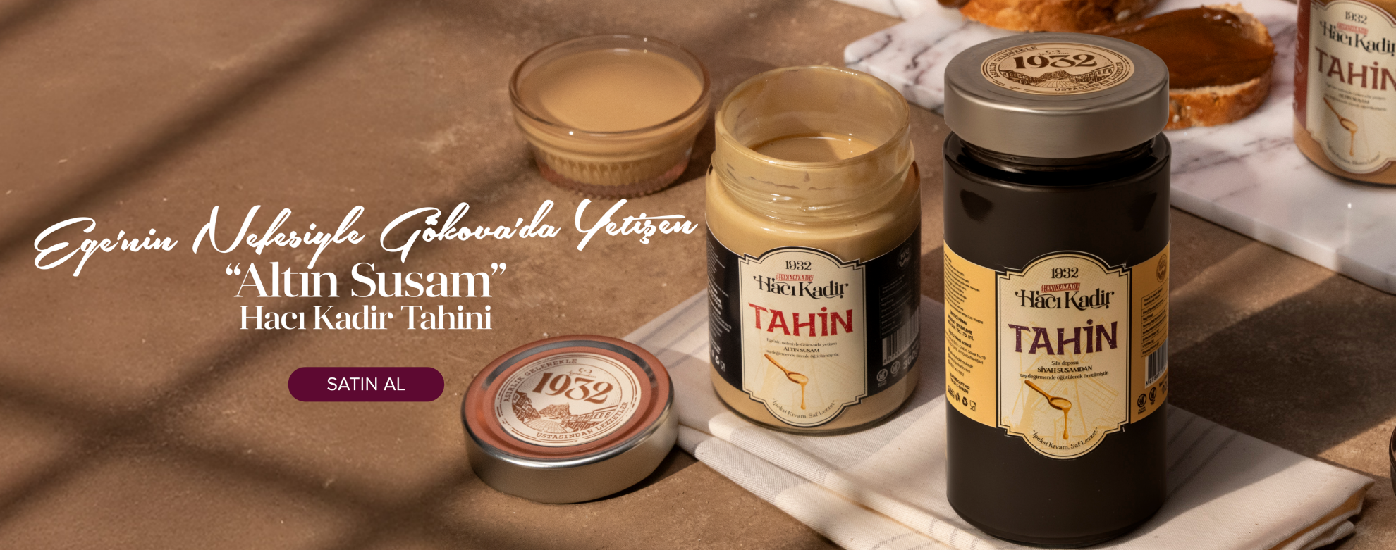 Gökova'da yetişen altın susamlardan geleneksel yöntemlerle taş değirmende öğütülerek üretilen Hacı Kadir Tahini