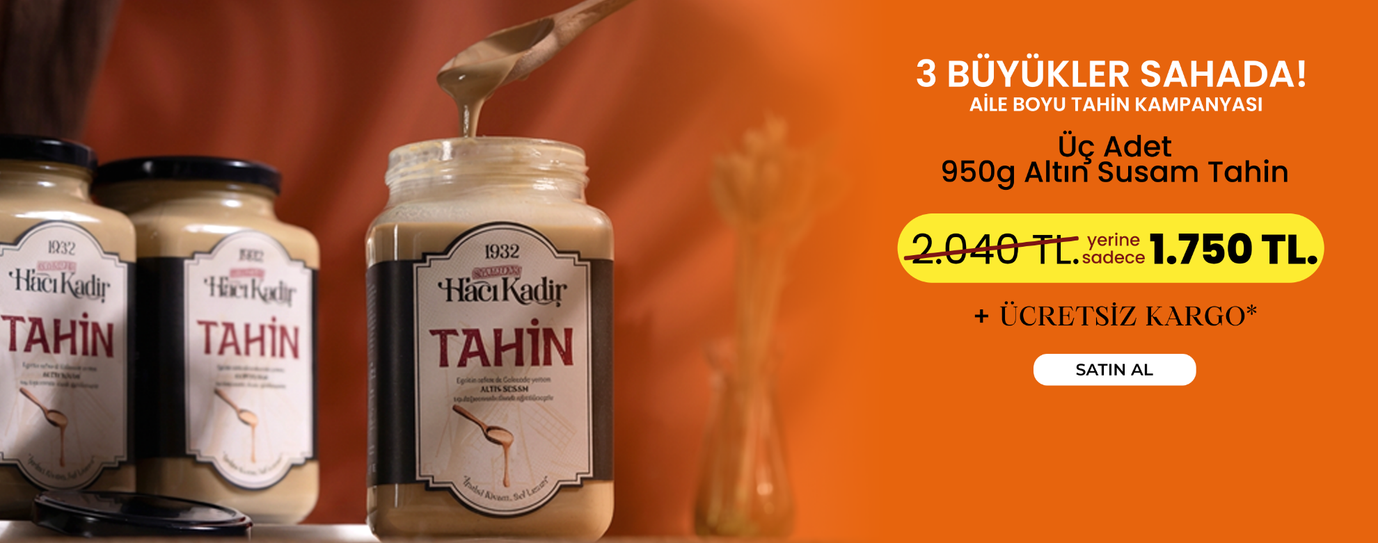 Aile boyu 950 g Hacı Kadir Altın Susam Tahini; kahvaltı ve tarifler için yoğun ve doğal lezzet.